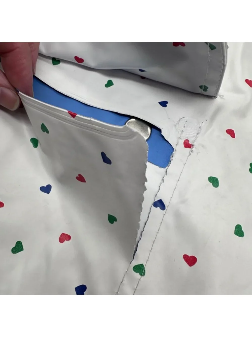 Vintage Girls Reversible Hooded Raincoat Jacket White Heart Blue 80s Size Large - Picture 6 of 13